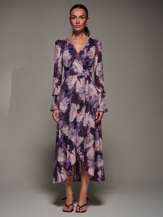 Ruffle Cuffed Sleeve Frill Mesh Maxi Dress, Purple Floral