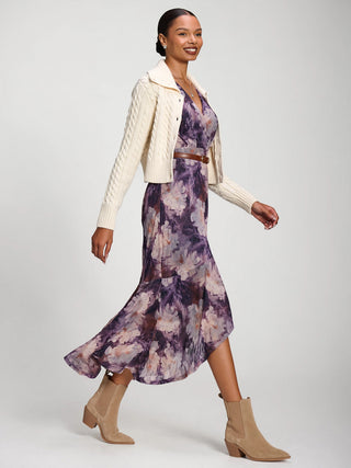 Ruffle Cuffed Sleeve Frill Mesh Maxi Dress, Purple Floral
