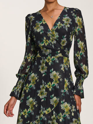 Ruffle Cuffed Sleeve Frill Mesh Maxi Dress, Yellow Floral