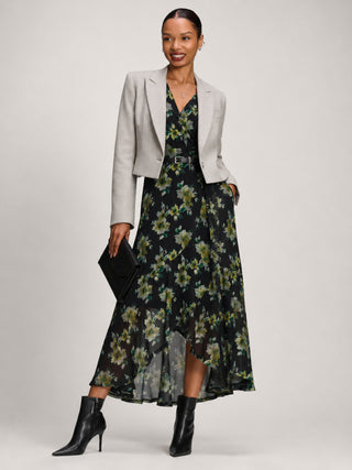 Ruffle Cuffed Sleeve Frill Mesh Maxi Dress, Yellow Floral