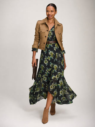 Ruffle Cuffed Sleeve Frill Mesh Maxi Dress, Yellow Floral