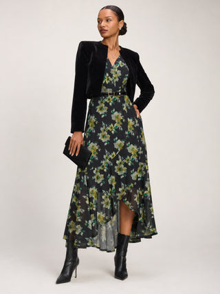 Ruffle Cuffed Sleeve Frill Mesh Maxi Dress, Yellow Floral