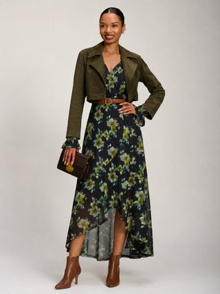 Ruffle Cuffed Sleeve Frill Mesh Maxi Dress, Yellow Floral