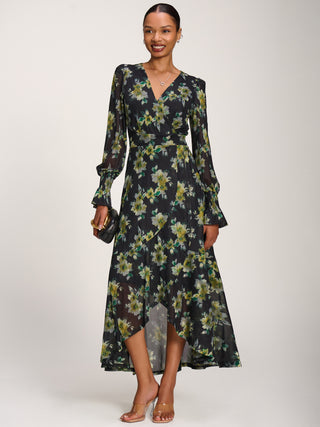 Ruffle Cuffed Sleeve Frill Mesh Maxi Dress, Yellow Floral