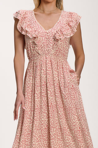 Ruffle V-Neck Viscose Midi Dress, Beige Ditsy