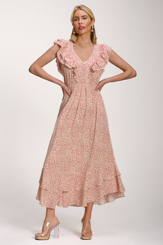 Ruffle V-Neck Viscose Midi Dress, Beige Ditsy