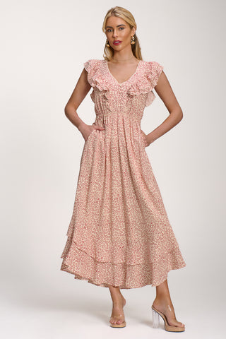 Ruffle V-Neck Viscose Midi Dress, Beige Ditsy