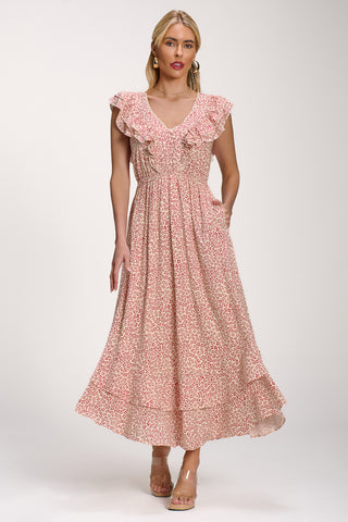 Ruffle V-Neck Viscose Midi Dress, Beige Ditsy