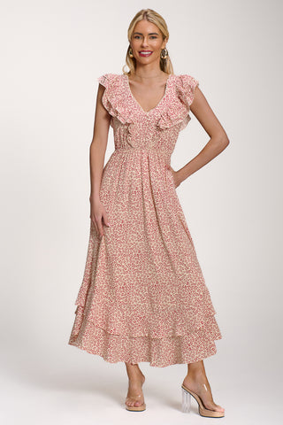 Ruffle V-Neck Viscose Midi Dress, Beige Ditsy