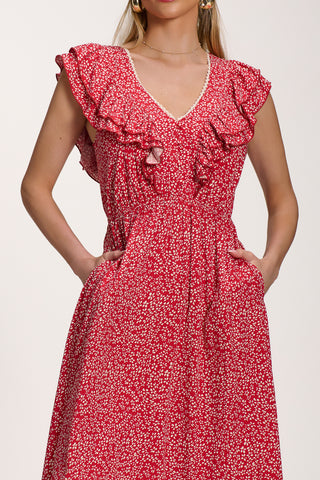 Ruffle V-Neck Viscose Midi Dress, Red Ditsy