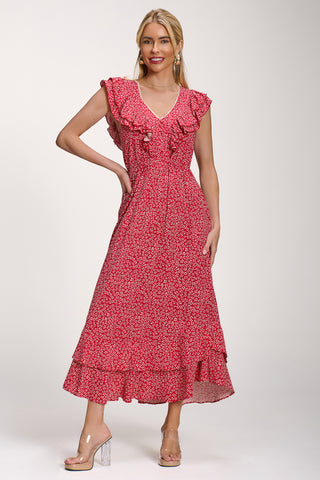 Ruffle V-Neck Viscose Midi Dress, Red Ditsy
