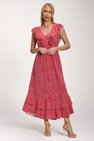 Ruffle V-Neck Viscose Midi Dress, Red Ditsy