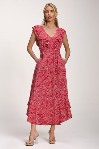 Ruffle V-Neck Viscose Midi Dress, Red Ditsy