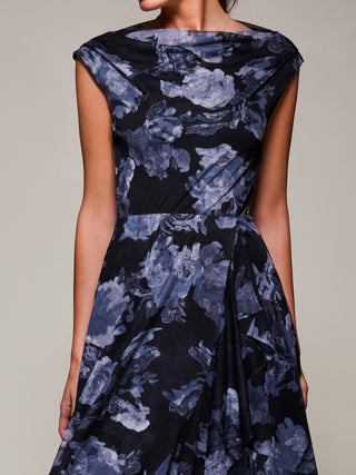 Asymmetrical Draped Mesh Midaxi Dress Black Abstract