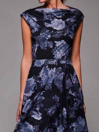 Asymmetrical Draped Mesh Midaxi Dress Black Abstract