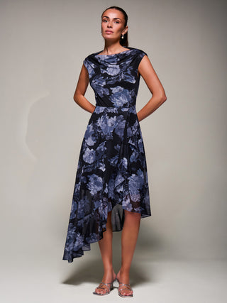 Asymmetrical Draped Mesh Midaxi Dress Black Abstract