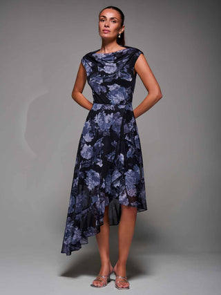 Asymmetrical Draped Mesh Midaxi Dress Black Abstract