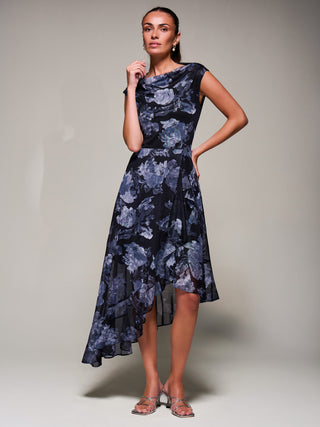 Asymmetrical Draped Mesh Midaxi Dress Black Abstract