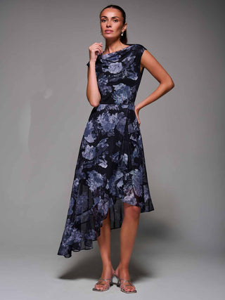 Asymmetrical Draped Mesh Midaxi Dress Black Abstract