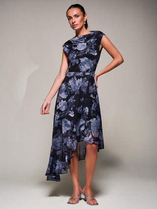 Asymmetrical Draped Mesh Midaxi Dress Black Abstract