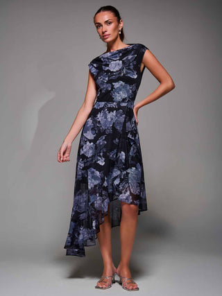 Asymmetrical Draped Mesh Midaxi Dress Black Abstract