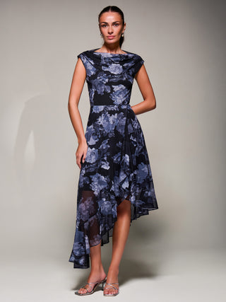 Asymmetrical Draped Mesh Midaxi Dress Black Abstract