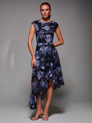 Asymmetrical Draped Mesh Midaxi Dress Black Abstract