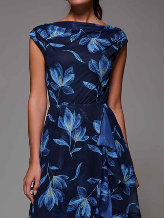 Asymmetrical Draped Mesh Midaxi Dress Blue Floral