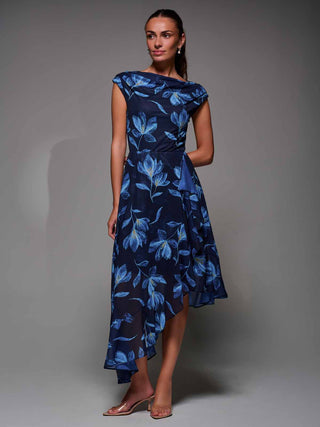 Asymmetrical Draped Mesh Midaxi Dress Blue Floral
