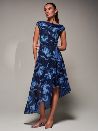 Asymmetrical Draped Mesh Midaxi Dress Blue Floral