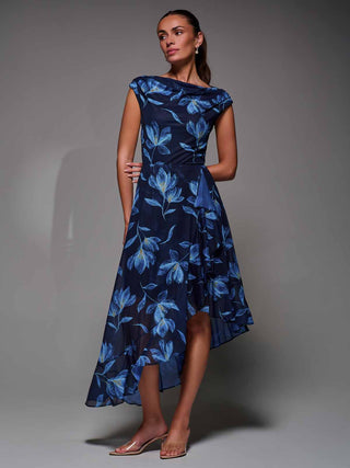 Asymmetrical Draped Mesh Midaxi Dress Blue Floral