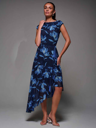 Asymmetrical Draped Mesh Midaxi Dress Blue Floral