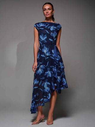 Asymmetrical Draped Mesh Midaxi Dress Blue Floral