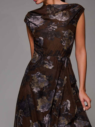 Asymmetrical Draped Mesh Midaxi Dress Brown Abstract