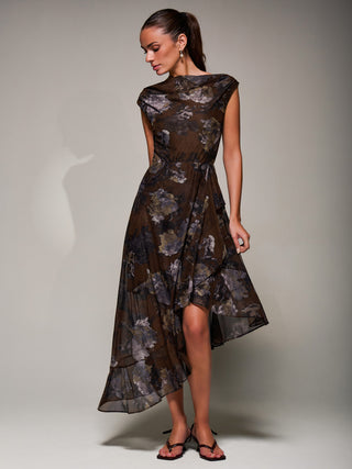 Asymmetrical Draped Mesh Midaxi Dress Brown Abstract
