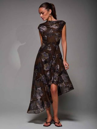 Asymmetrical Draped Mesh Midaxi Dress Brown Abstract