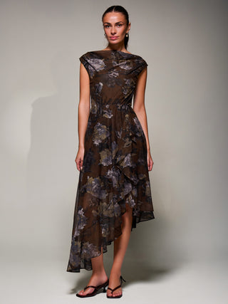 Asymmetrical Draped Mesh Midaxi Dress Brown Abstract