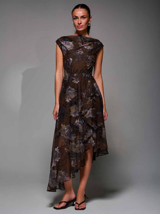 Asymmetrical Draped Mesh Midaxi Dress Brown Abstract
