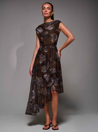 Asymmetrical Draped Mesh Midaxi Dress Brown Abstract