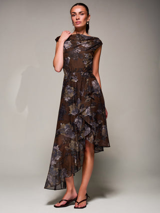 Asymmetrical Draped Mesh Midaxi Dress Brown Abstract