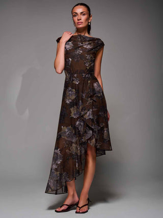 Asymmetrical Draped Mesh Midaxi Dress Brown Abstract