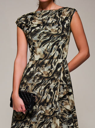 Asymmetrical Draped Mesh Midaxi Dress Brown Animal