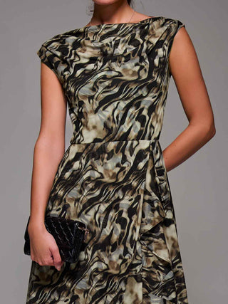 Asymmetrical Draped Mesh Midaxi Dress Brown Animal