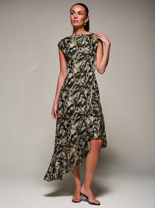 Asymmetrical Draped Mesh Midaxi Dress Brown Animal