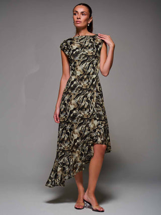 Asymmetrical Draped Mesh Midaxi Dress Brown Animal