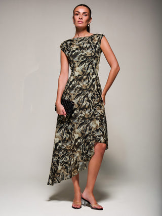Asymmetrical Draped Mesh Midaxi Dress Brown Animal