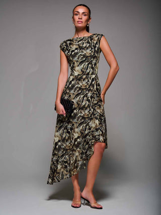 Asymmetrical Draped Mesh Midaxi Dress Brown Animal