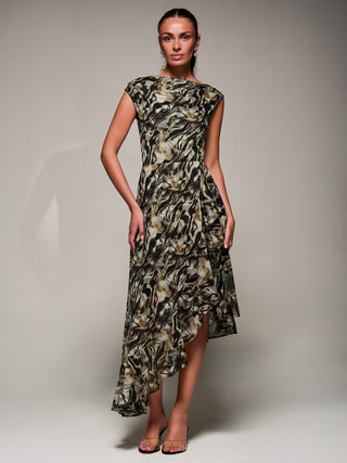 Asymmetrical Draped Mesh Midaxi Dress Brown Animal
