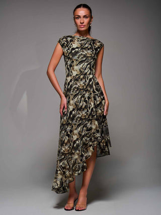 Asymmetrical Draped Mesh Midaxi Dress Brown Animal