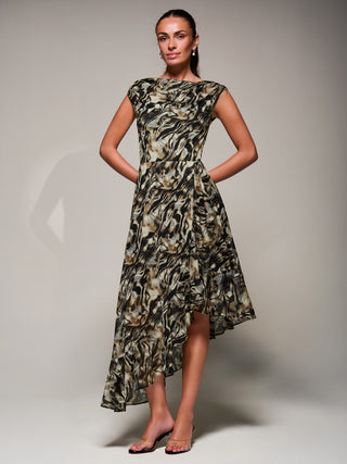 Asymmetrical Draped Mesh Midaxi Dress Brown Animal